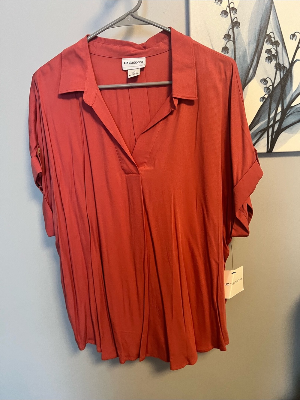 Liz Claiborne Rust Red Collared V-Neck Tunic Top